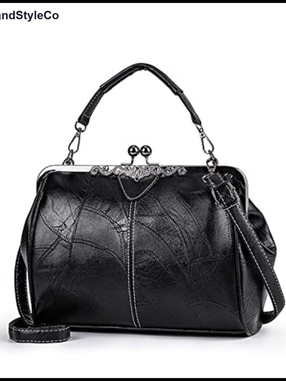 Vintage Faux Leather Satchel Purse with Kiss Lock Crossbody Shoulder Bag